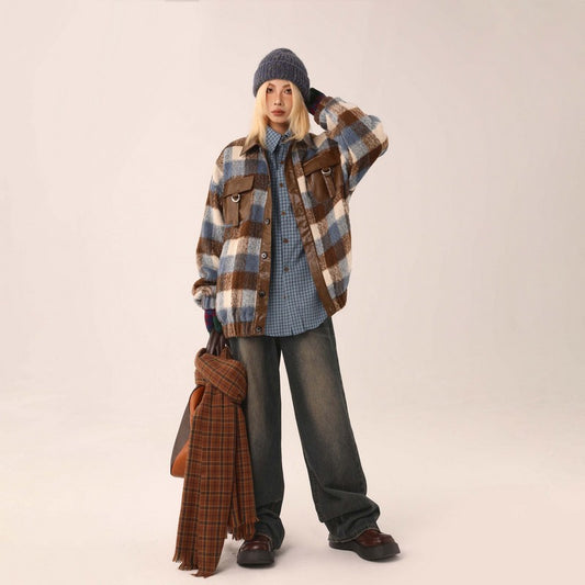 【Onefish Shop】チェック柄ウールレザーパッチワークジャケット LS231081