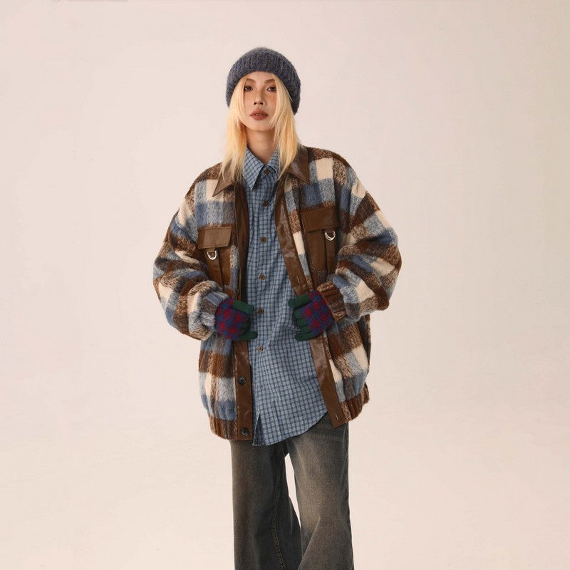 【Onefish Shop】チェック柄ウールレザーパッチワークジャケット LS231081