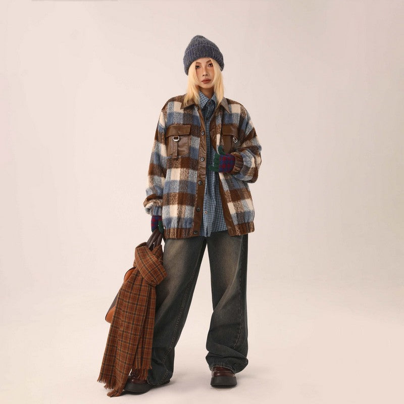 【Onefish Shop】チェック柄ウールレザーパッチワークジャケット LS231081