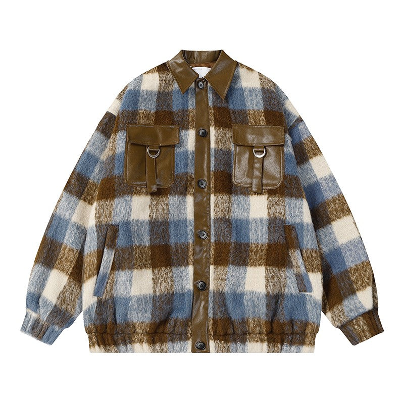 【Onefish Shop】チェック柄ウールレザーパッチワークジャケット LS231081