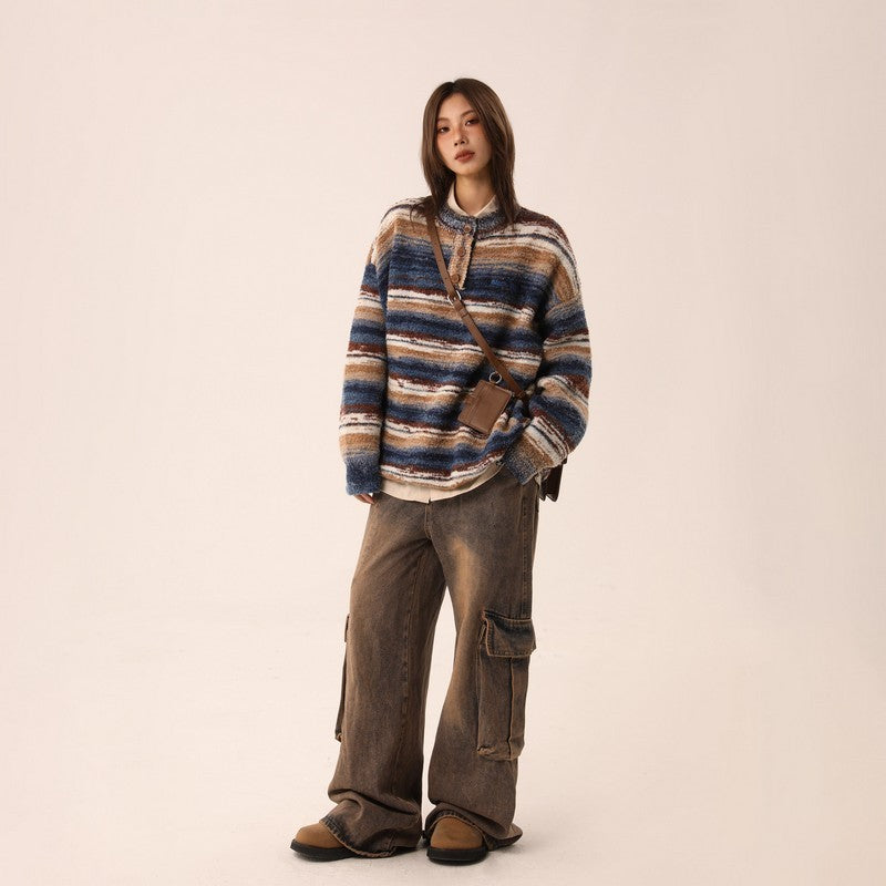 【Onefish Shop】ユニセックスカラーブロックルーズニット LS231111