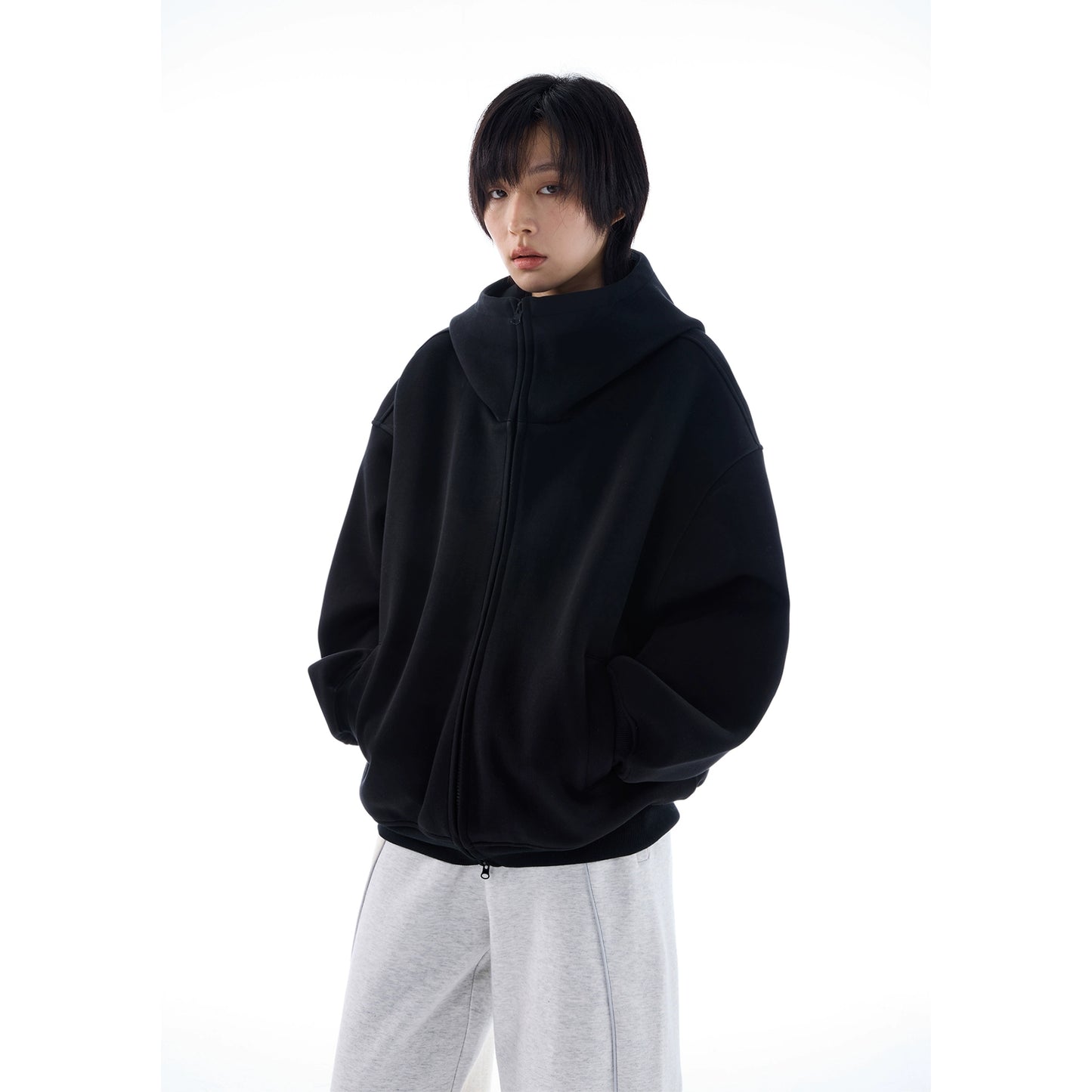 【Onefish Shop】グレーのオーバーサイズフードスウェット LS24112401