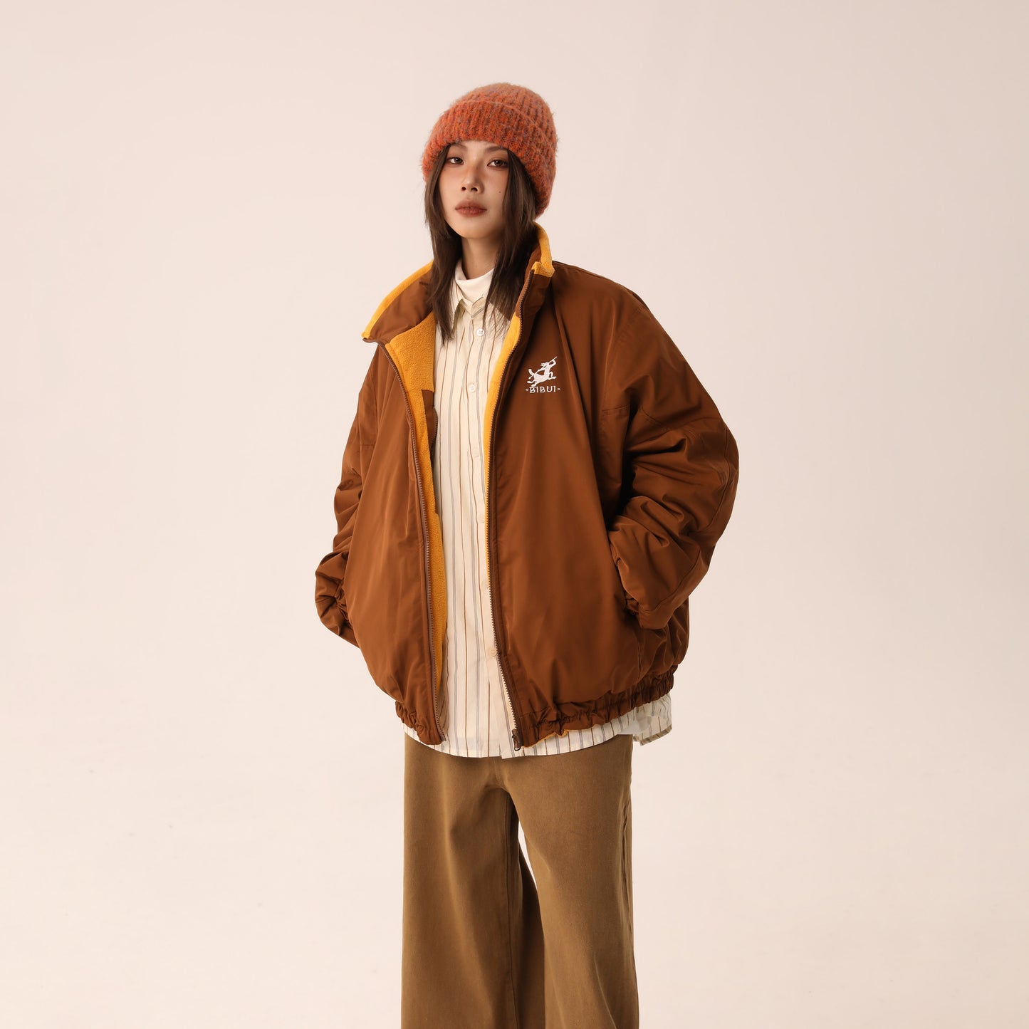 【Oneblue Shop】リバーシブル コントラスト色 厚手ジャケット LS2310291