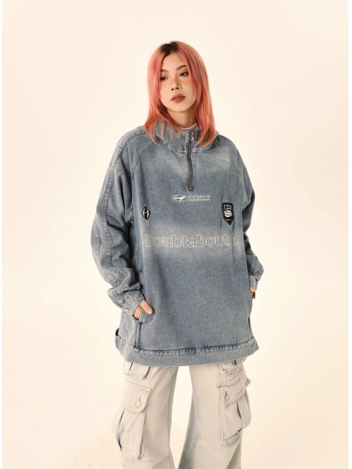 【Onefish Shop】フードつきデニムパーカー 秋冬 LS2310311