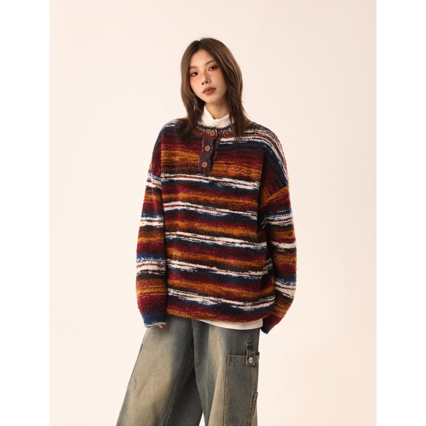 【Onefish Shop】ユニセックスカラーブロックルーズニット LS231111