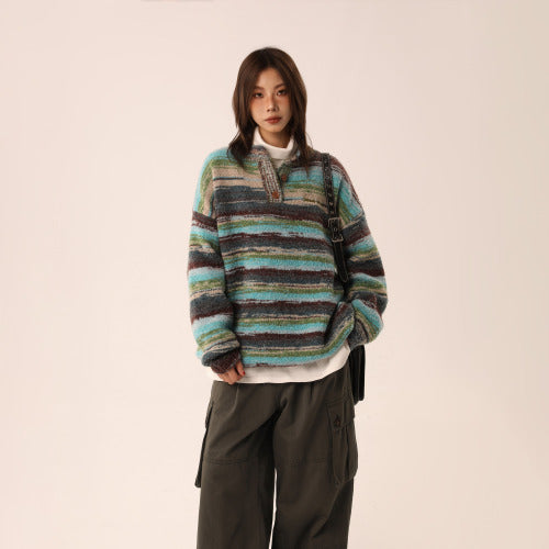 【Onefish Shop】ユニセックスカラーブロックルーズニット LS231111