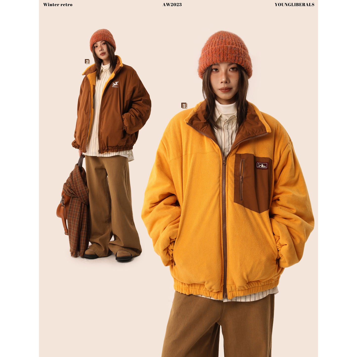 【Oneblue Shop】リバーシブル コントラスト色 厚手ジャケット LS2310291