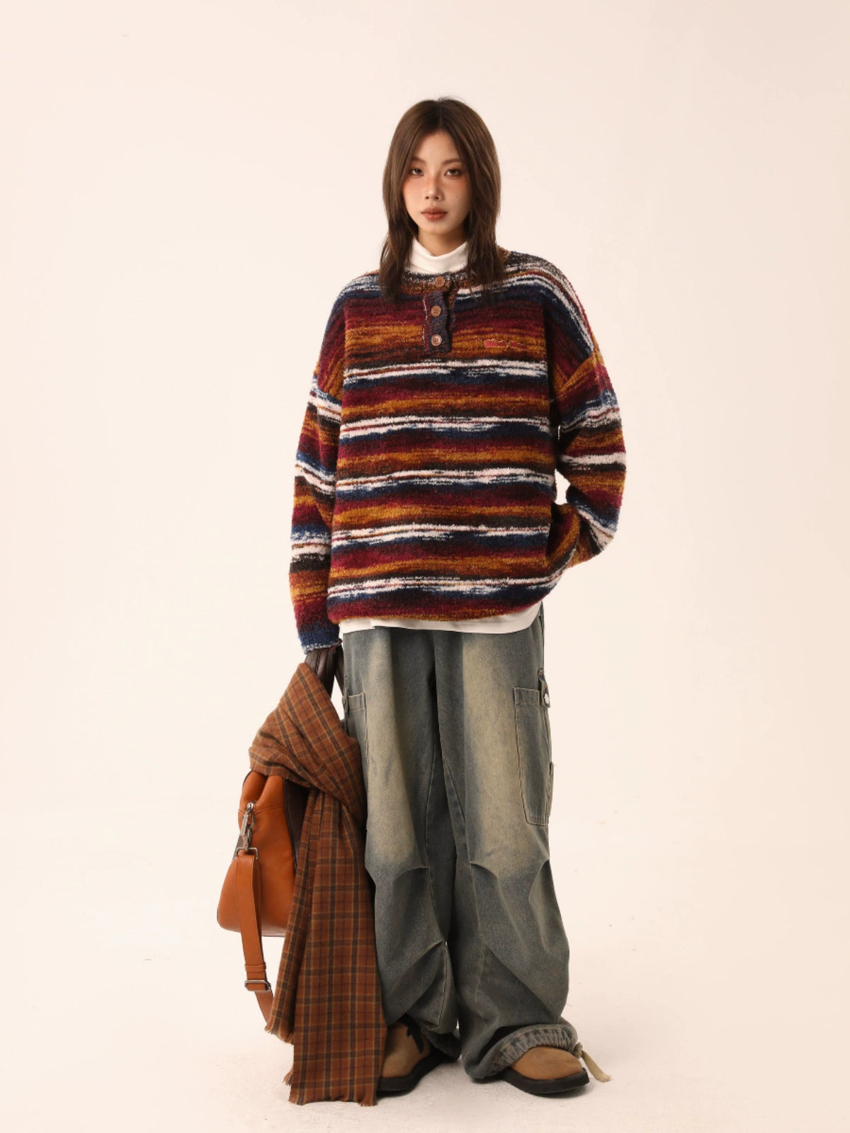 【Onefish Shop】ユニセックスカラーブロックルーズニット LS231111