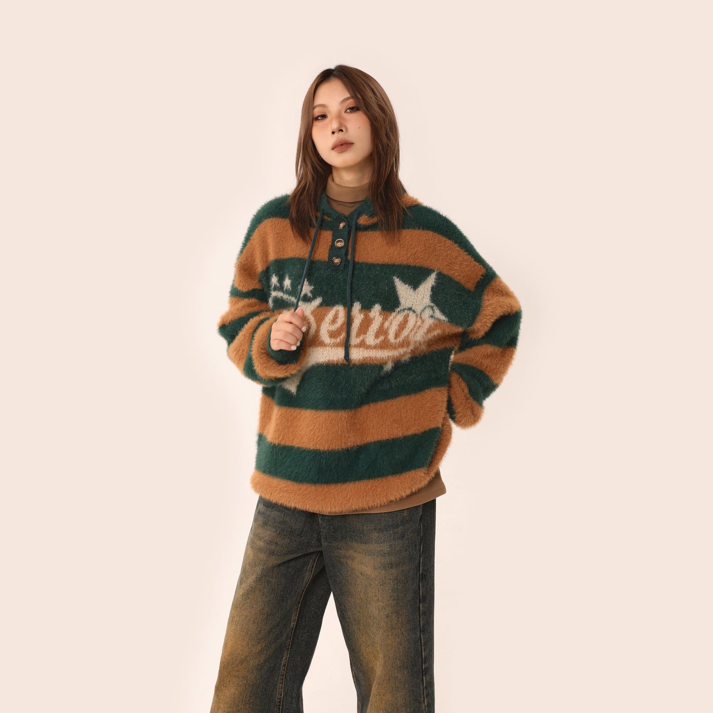 【Onefish Shop】レトロストライプフード付きセーター LS2311125