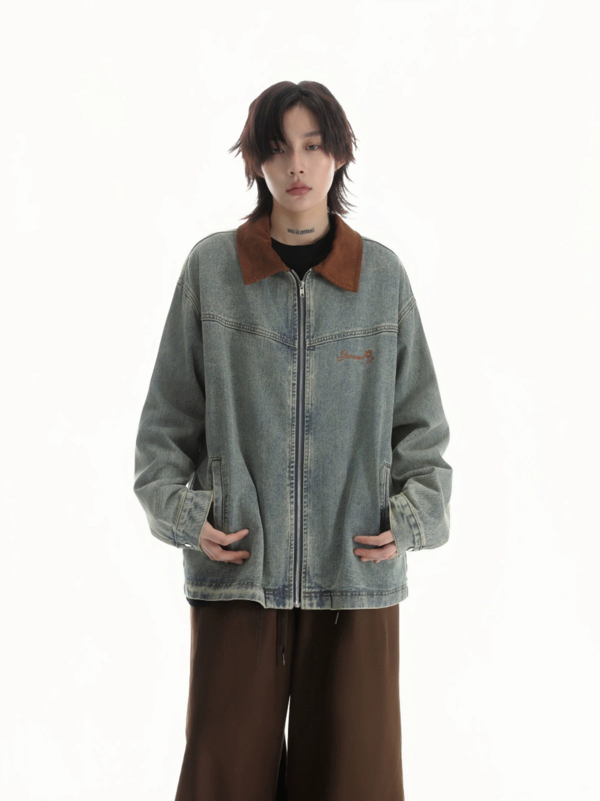 【Onefish Shop】【大人気】牛ハイネック長袖デニムジャケット!工業系デザインで個性的な着こなしをしよう! LS2401031