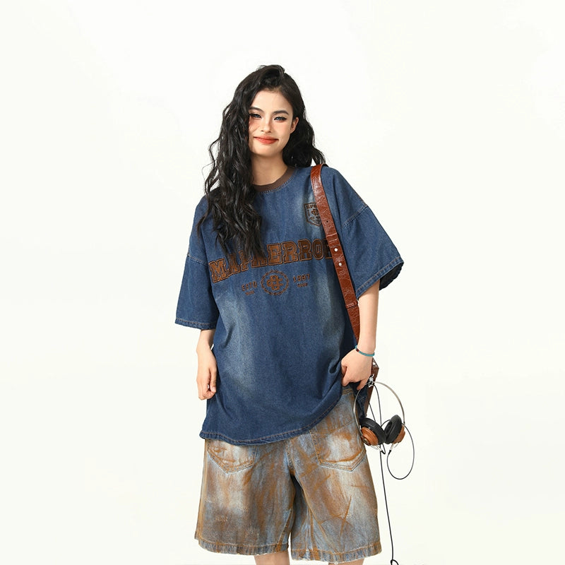 ヴィンテージ風デニムTシャツ-T-shirt LS2406213