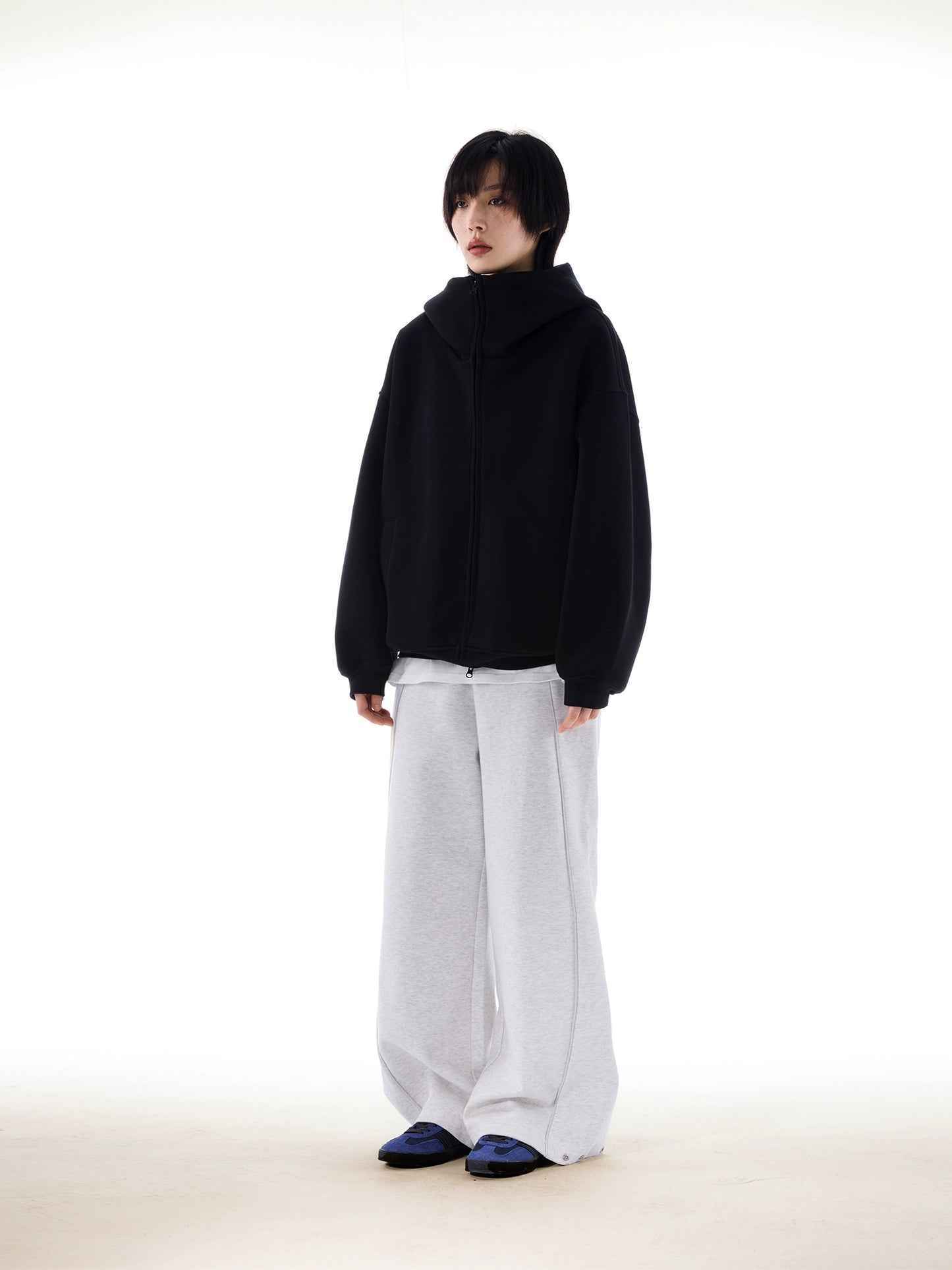 【Onefish Shop】グレーのオーバーサイズフードスウェット LS24112401