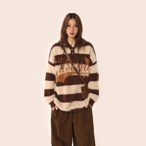 【Onefish Shop】レトロストライプフード付きセーター LS2311125