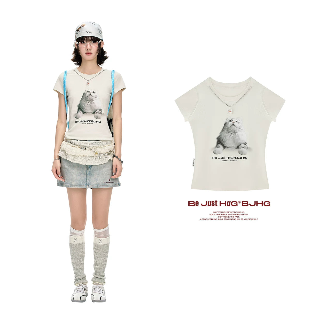 【Yoyopicks】猫グラフィックプリント 半袖 クルーネック Tシャツ(4Colors)242060