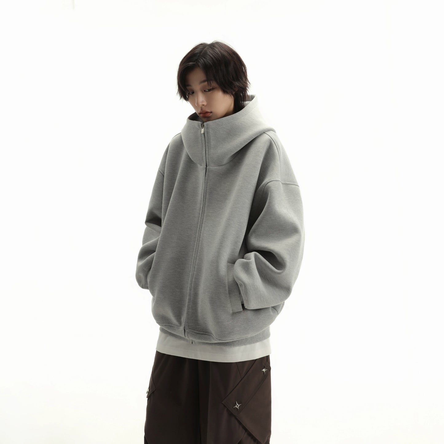 【Onefish Shop】グレーのオーバーサイズフードスウェット LS24112401