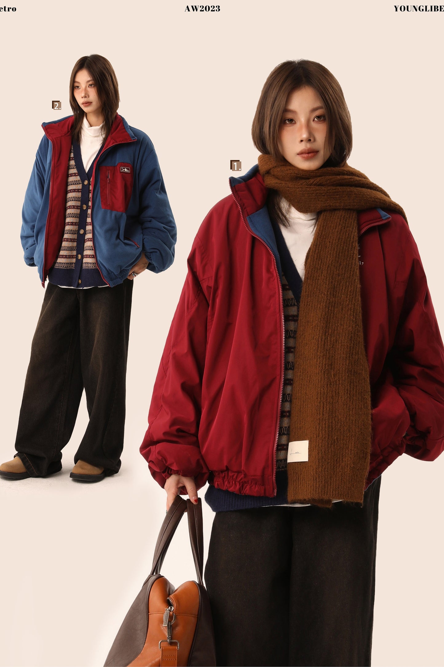 【Oneblue Shop】リバーシブル コントラスト色 厚手ジャケット LS2310291