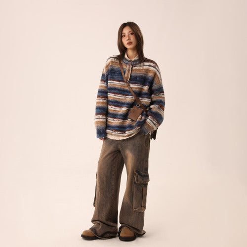 【Onefish Shop】ユニセックスカラーブロックルーズニット LS231111