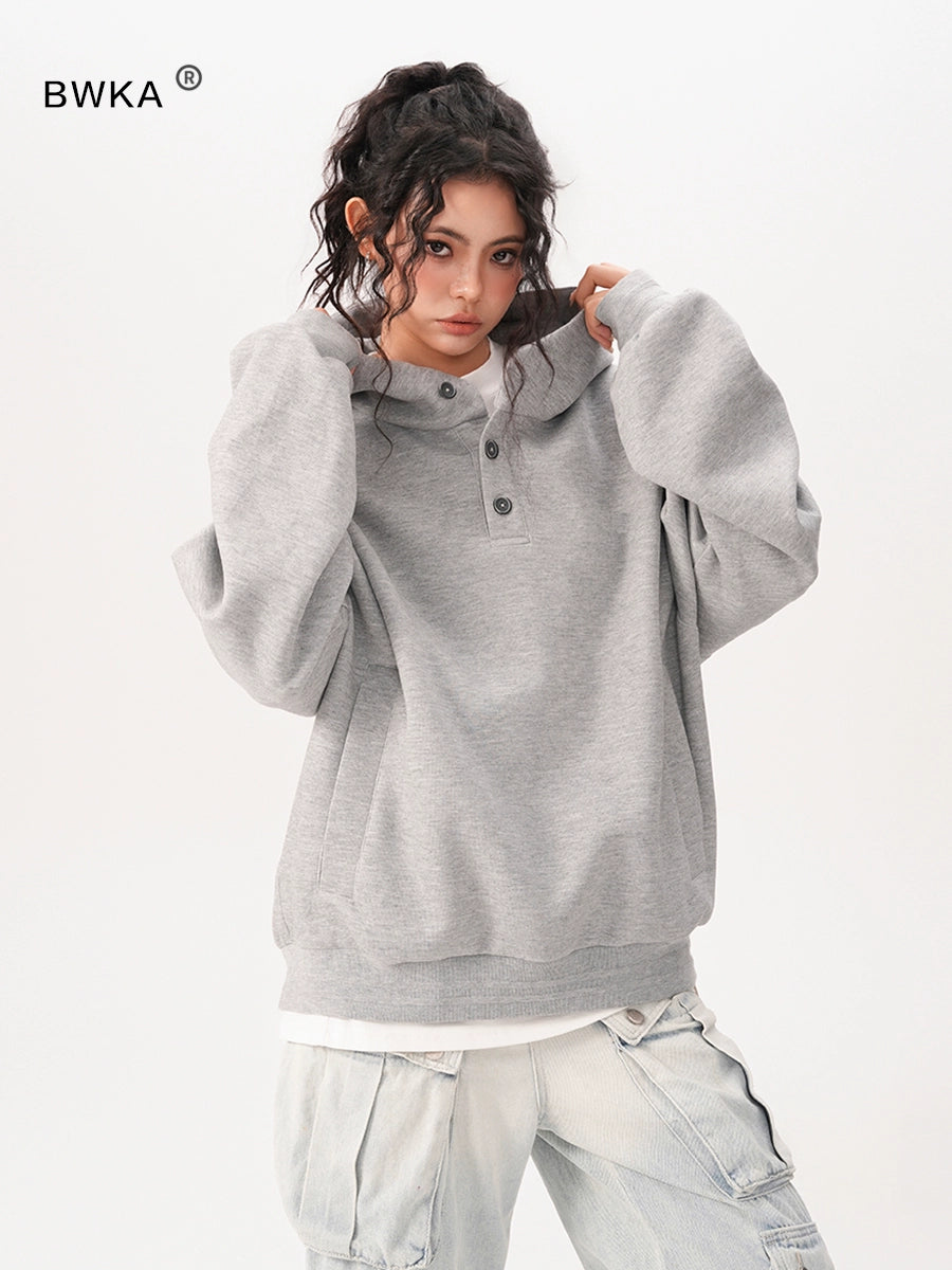 【Onefish Shop】ダブルカラー ボタン付き フードスウェット LS241101