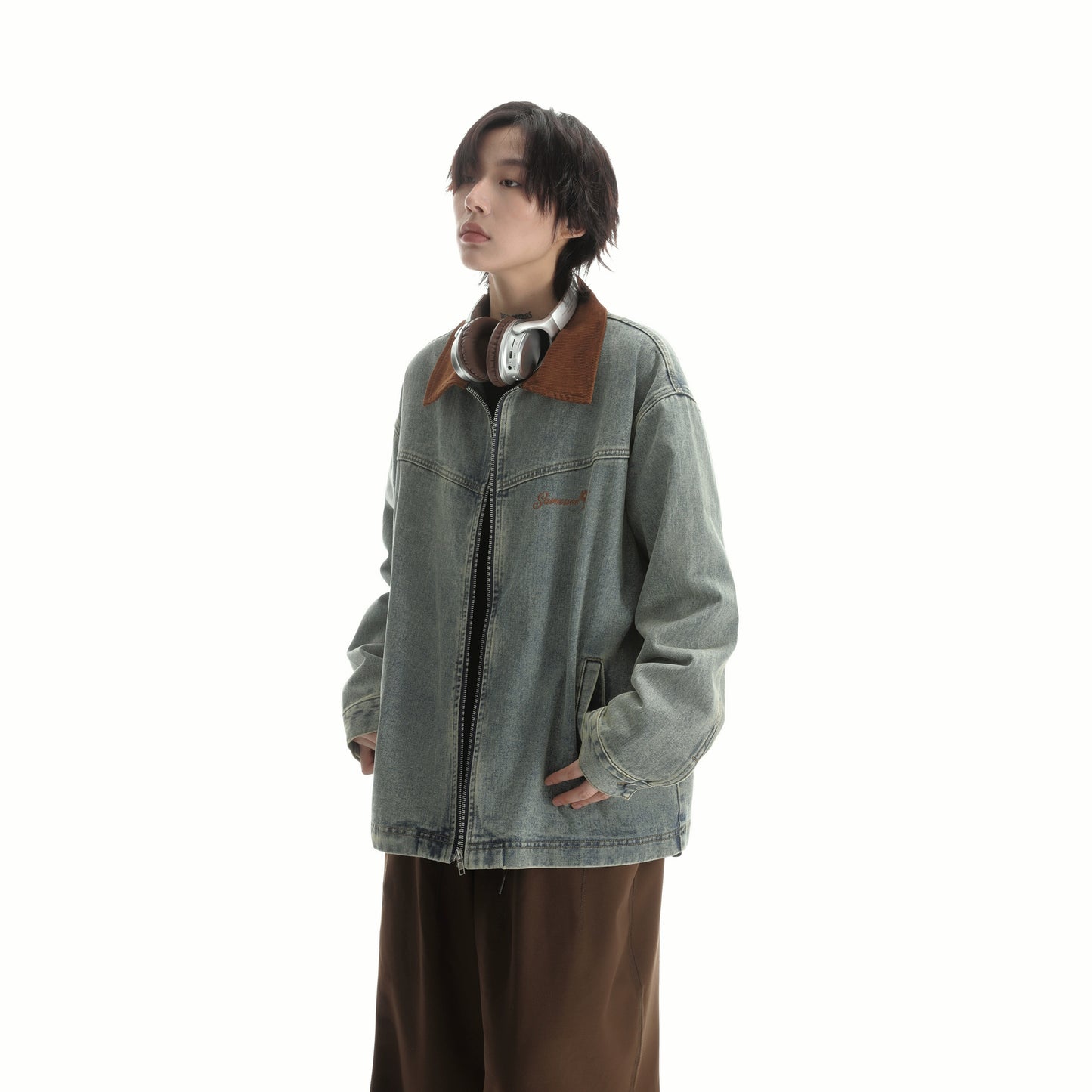 【Onefish Shop】【大人気】牛ハイネック長袖デニムジャケット!工業系デザインで個性的な着こなしをしよう! LS2401031