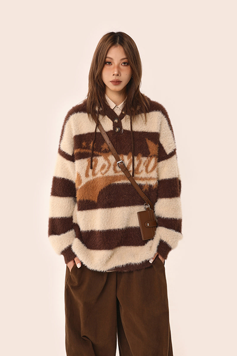 【Onefish Shop】レトロストライプフード付きセーター LS2311125