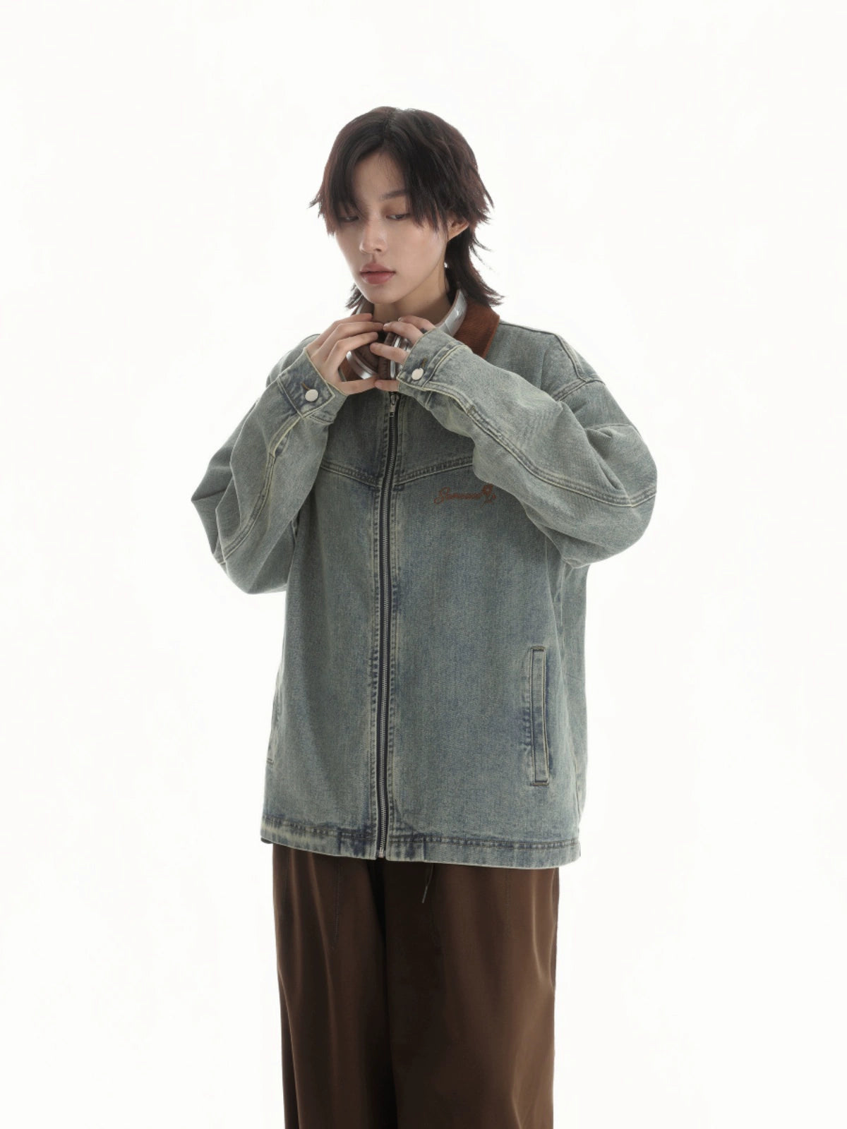 【Onefish Shop】【大人気】牛ハイネック長袖デニムジャケット!工業系デザインで個性的な着こなしをしよう! LS2401031