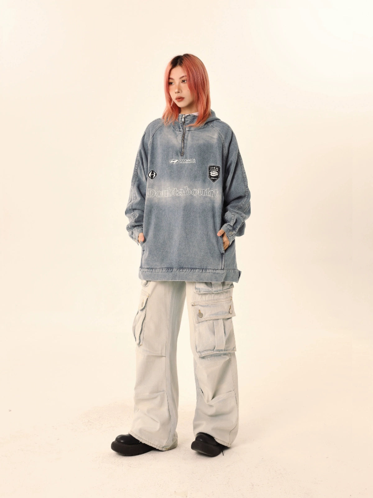 【Onefish Shop】フードつきデニムパーカー 秋冬 LS2310311