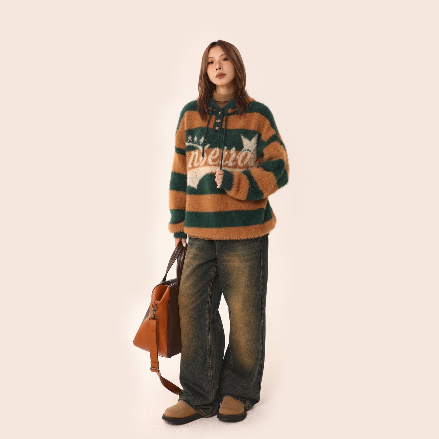 【Onefish Shop】レトロストライプフード付きセーター LS2311125