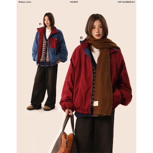 【Oneblue Shop】リバーシブル コントラスト色 厚手ジャケット LS2310291