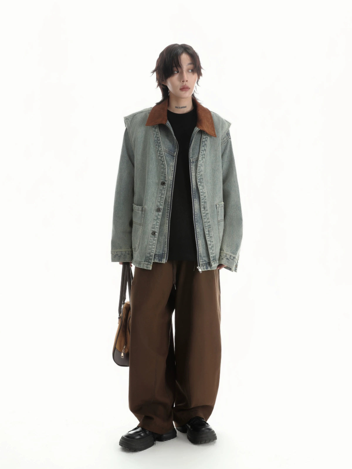 【Onefish Shop】【大人気】牛ハイネック長袖デニムジャケット!工業系デザインで個性的な着こなしをしよう! LS2401031