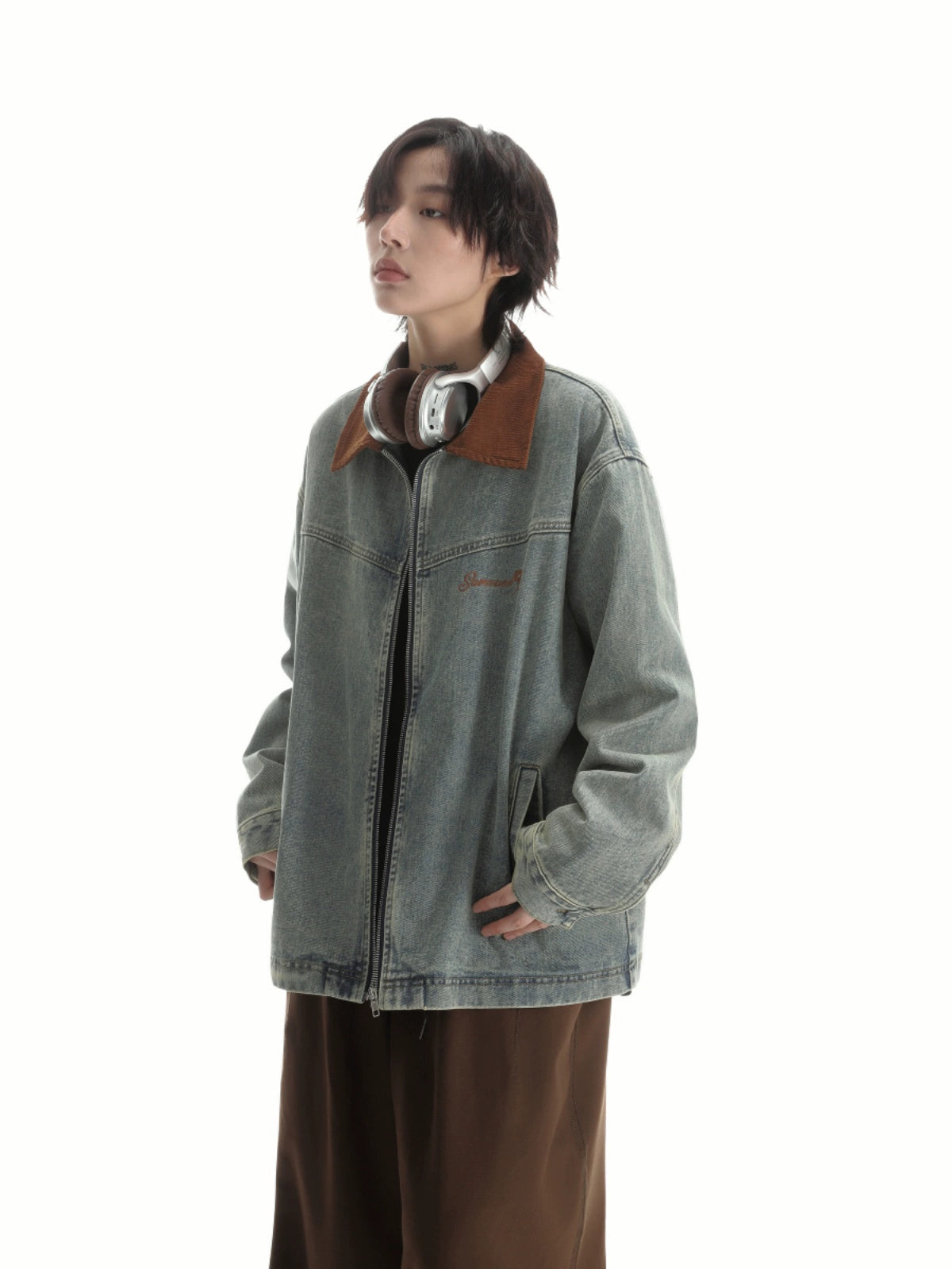 【Onefish Shop】【大人気】牛ハイネック長袖デニムジャケット!工業系デザインで個性的な着こなしをしよう! LS2401031