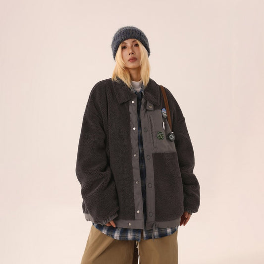 【Onefish Shop】ファーラップデザインパッチワークジャケット LS231073