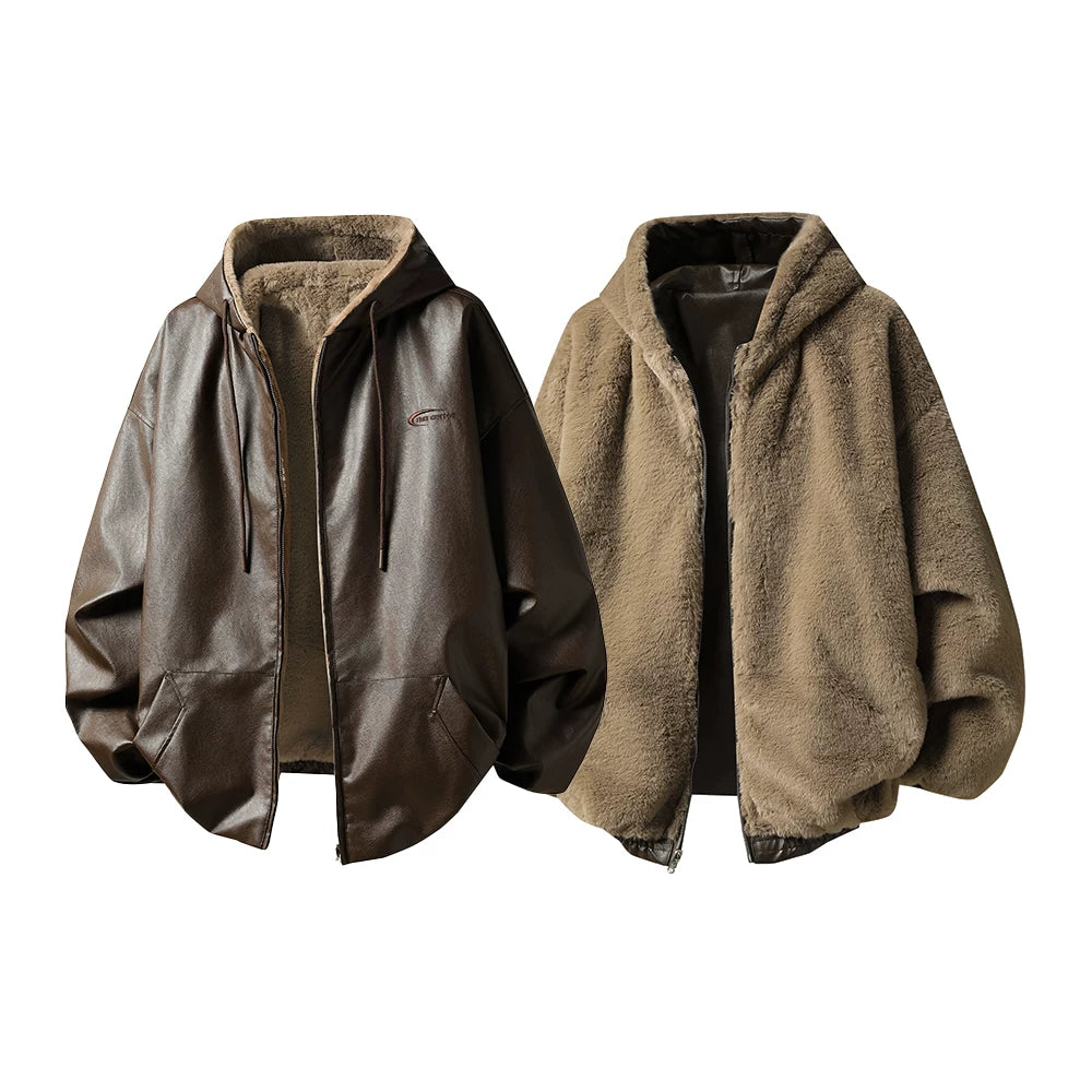 【Onefish Shop】【2WAY/リバーシブル】フェイクレザー×ボア フーデッドブルゾン  LS2601141