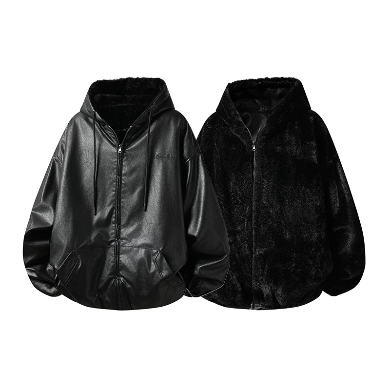 【Onefish Shop】【2WAY/リバーシブル】フェイクレザー×ボア フーデッドブルゾン  LS2601141
