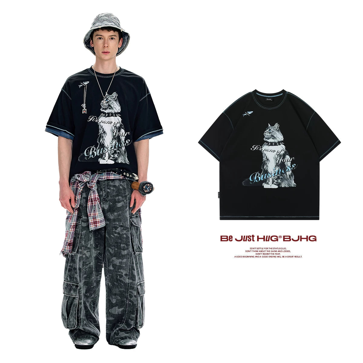 【Yoyopicks】猫グラフィックプリント 半袖 クルーネック Tシャツ（4Colors）242060
