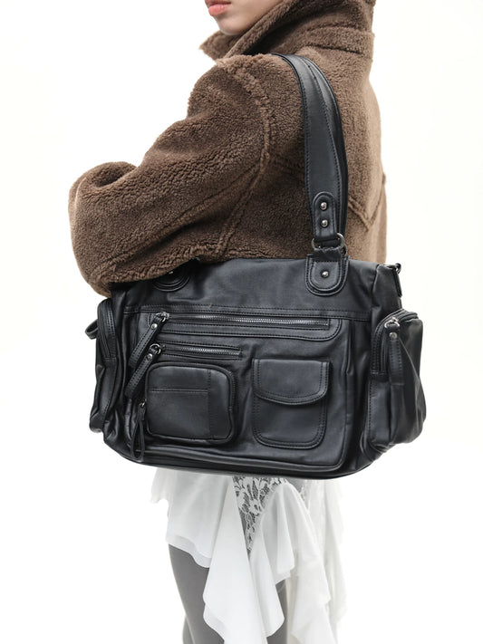 【Onefish Shop】【グランジ / Y2K】マルチポケット ジップデザイン ショルダーバッグ / フェイクレザー バイカーバッグ LS2601156