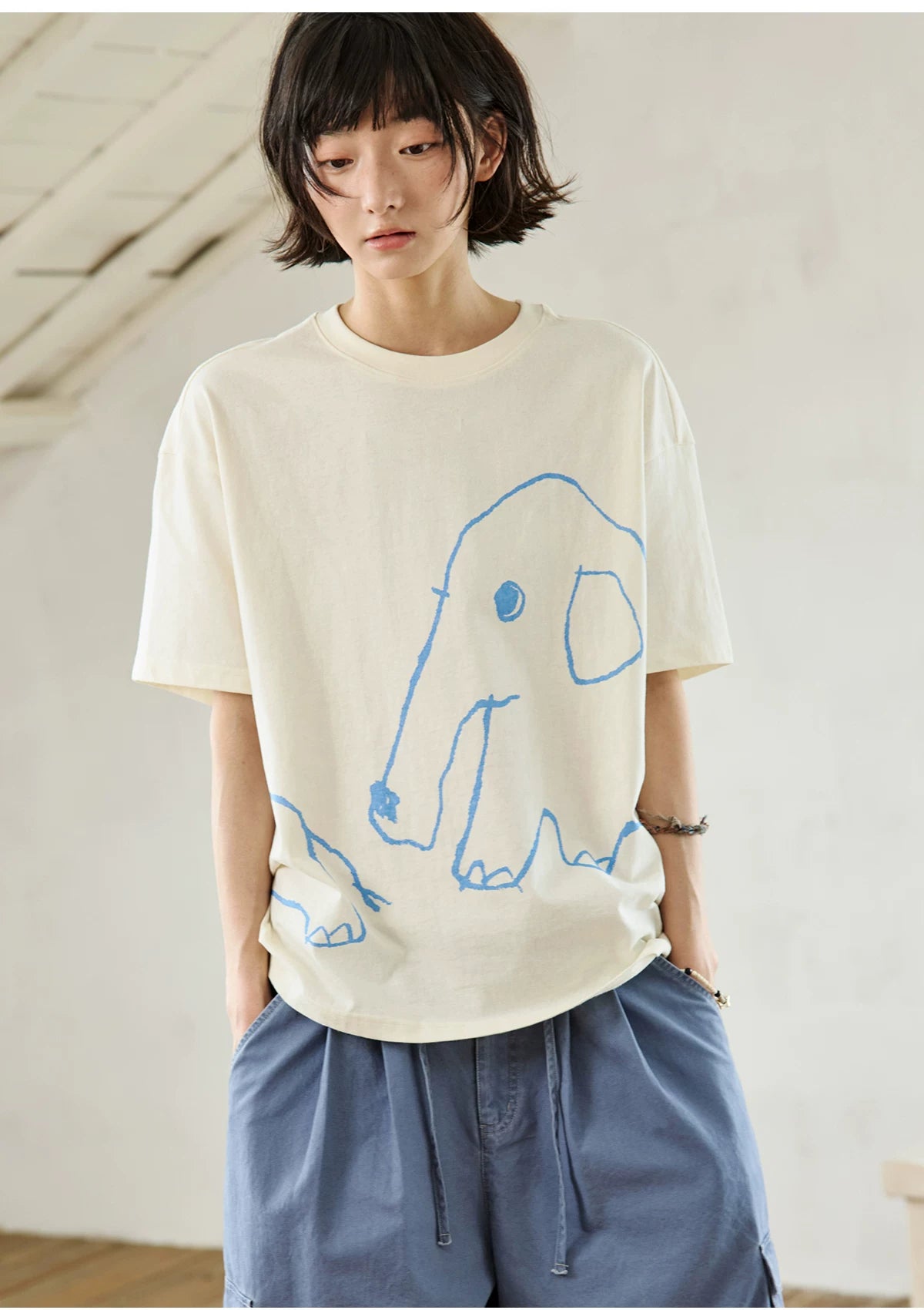 【Yoyopicks】アニマル手描きプリント オーバーサイズTシャツ / ユニセックス ls2606102