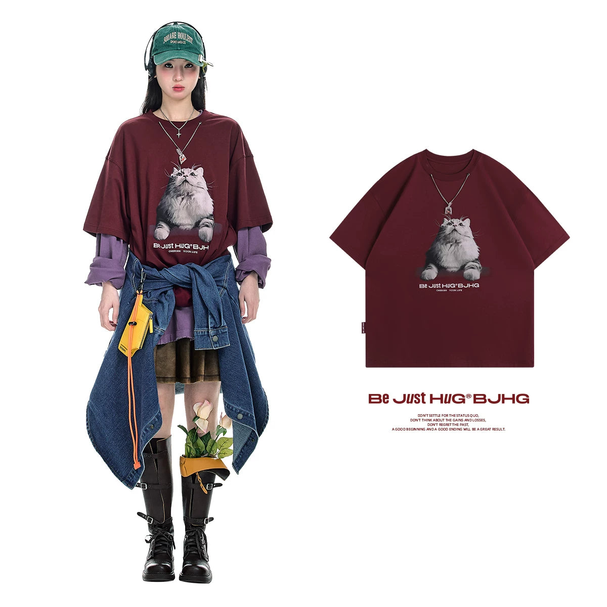 【Yoyopicks】猫グラフィックプリント 半袖 クルーネック Tシャツ（4Colors）242060