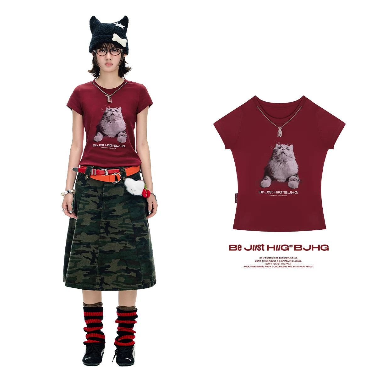 【Yoyopicks】猫グラフィックプリント 半袖 クルーネック Tシャツ（4Colors）242060