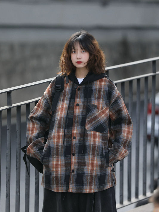 【Onefish Shop】チェック柄 フーデッド ジャケット241655