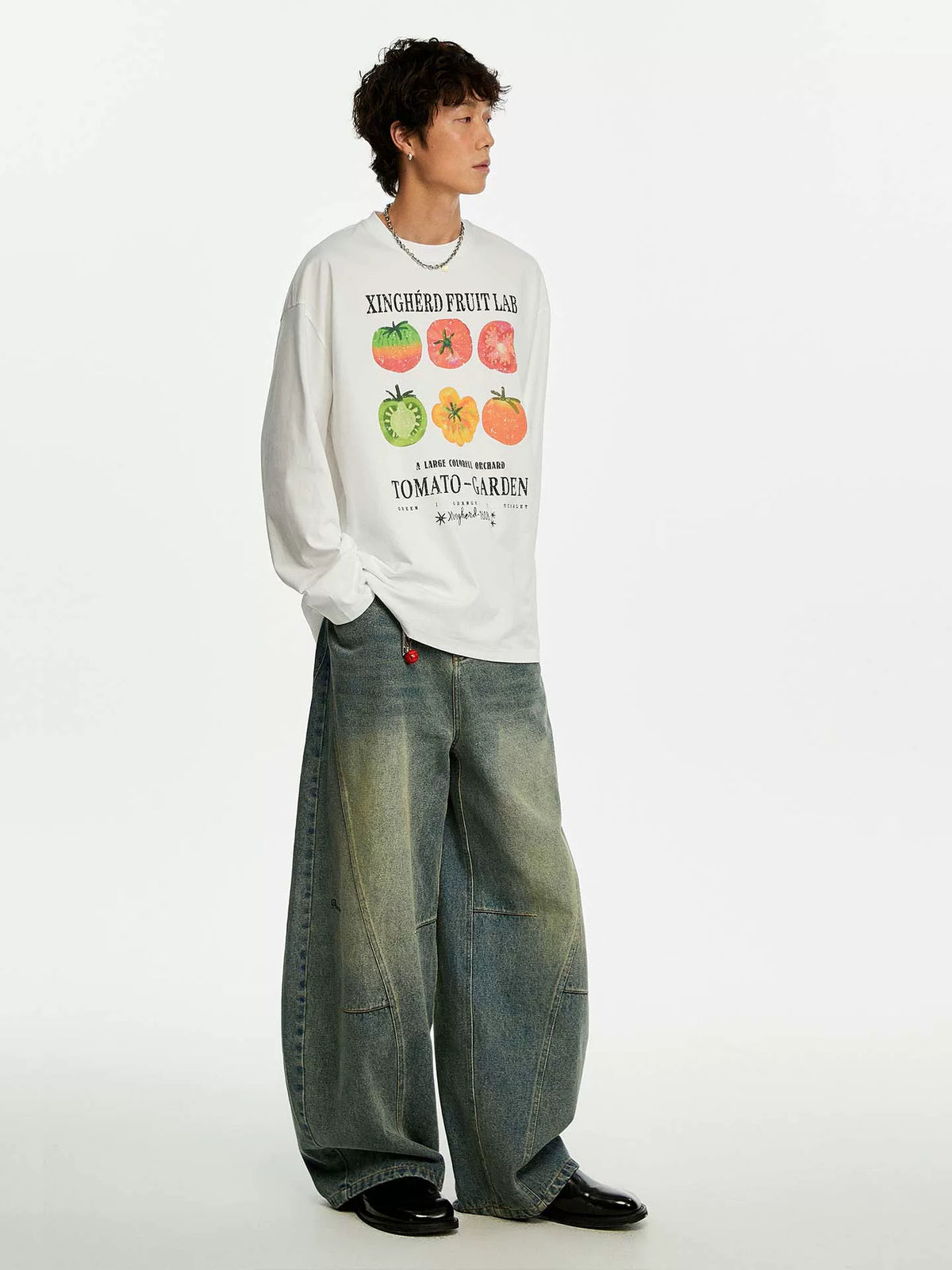 【Yoyopicks】手書き風 トマトプリント クルーネック 長袖 Tシャツ 241880