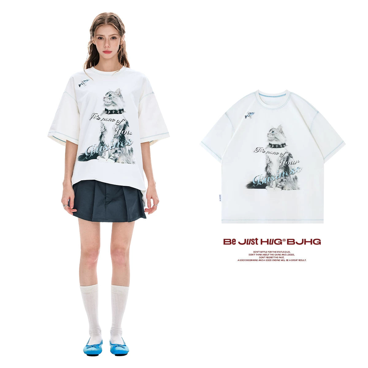 【Yoyopicks】猫グラフィックプリント 半袖 クルーネック Tシャツ（4Colors）242060