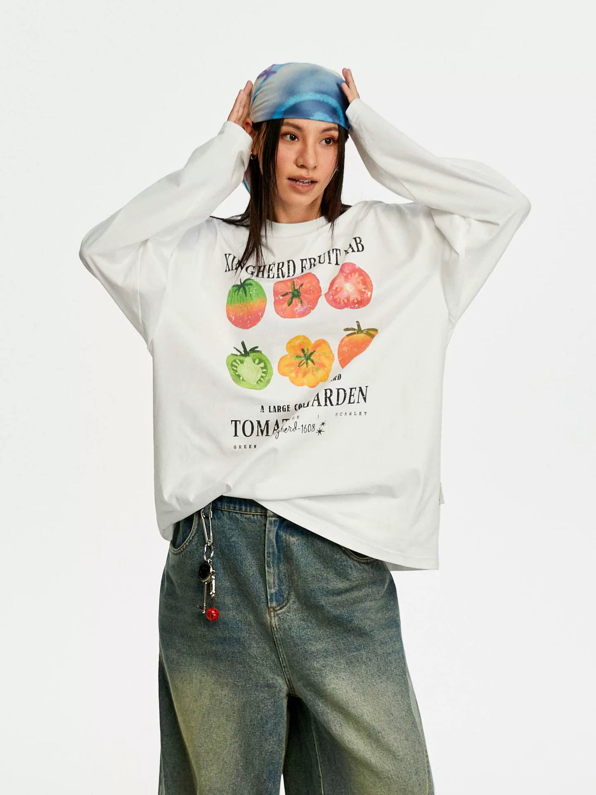 【Yoyopicks】手書き風 トマトプリント クルーネック 長袖 Tシャツ 241880