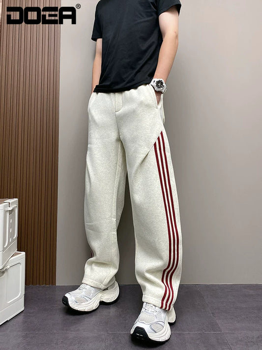 【Onefish Shop】配色ライン ルーズ スウェットパンツ / ビッグシルエット 裾ドローコード LS26l1178