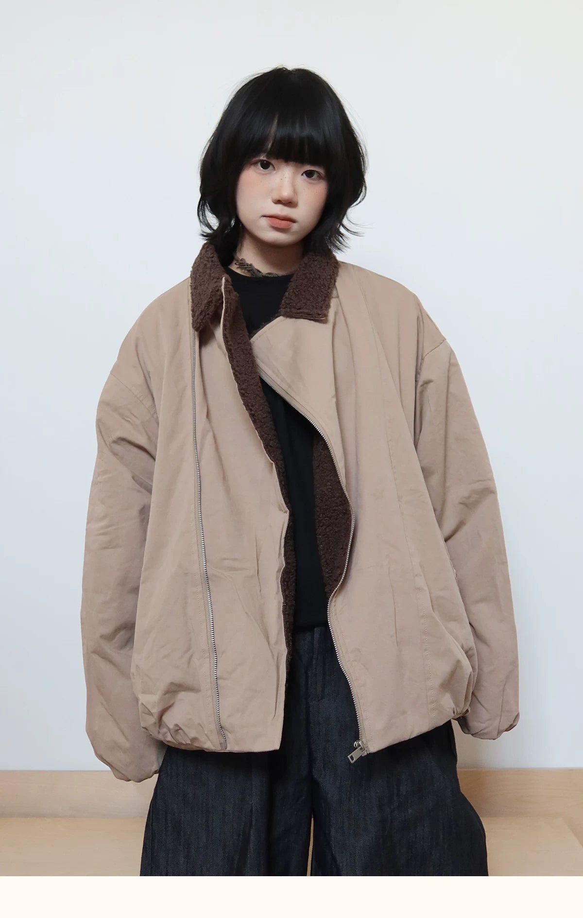 【Onefish Shop】アシンメトリーZIP ボア襟 バーンスタイル中綿ジャケット LS2601076