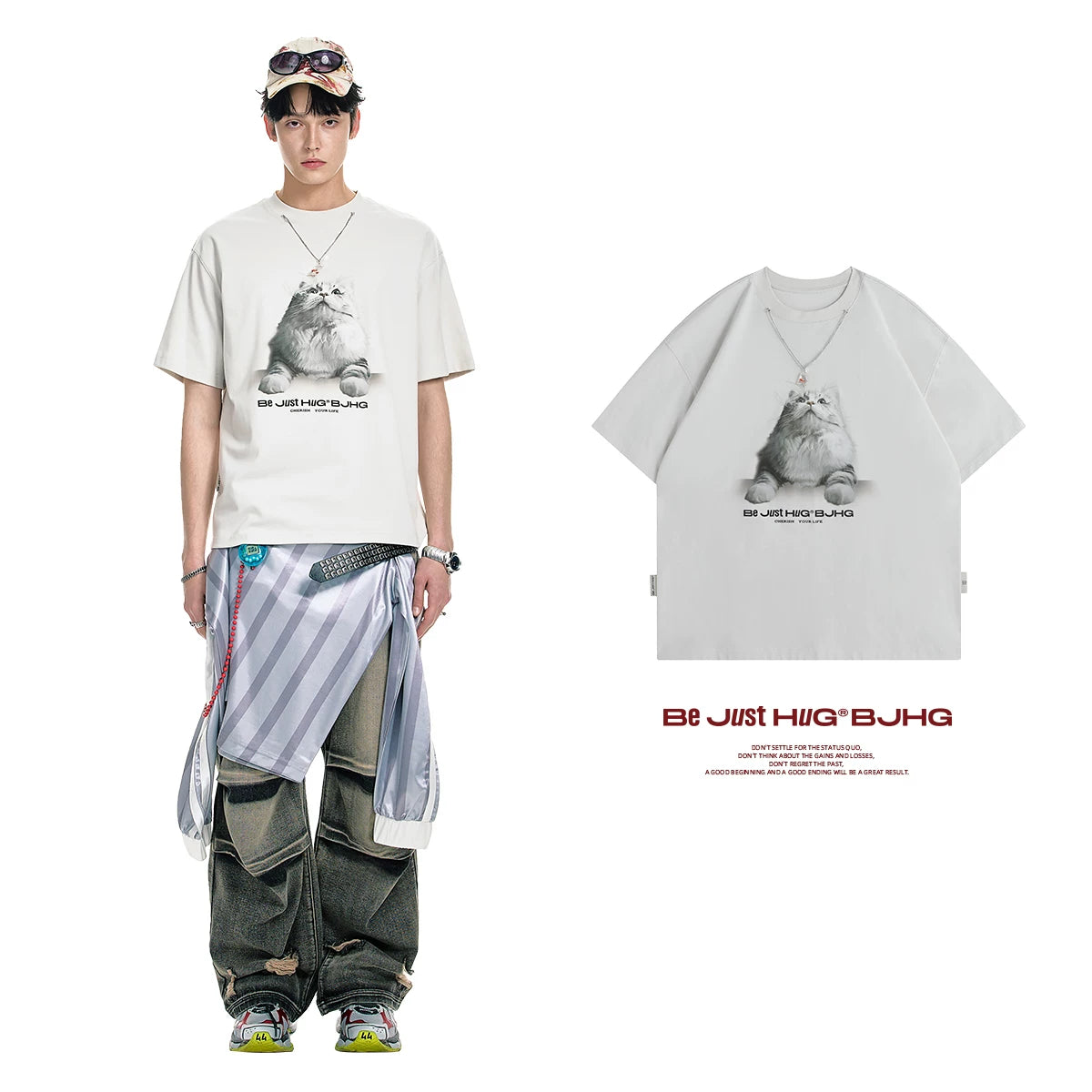 【Yoyopicks】猫グラフィックプリント 半袖 クルーネック Tシャツ（4Colors）242060