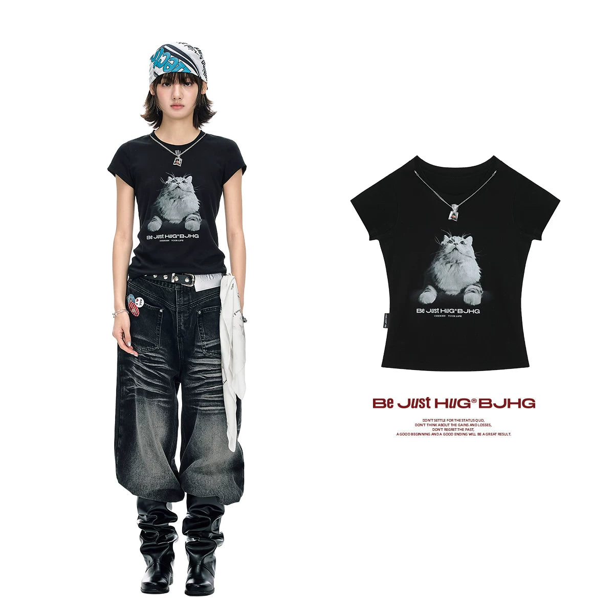 【Yoyopicks】猫グラフィックプリント 半袖 クルーネック Tシャツ（4Colors）242060