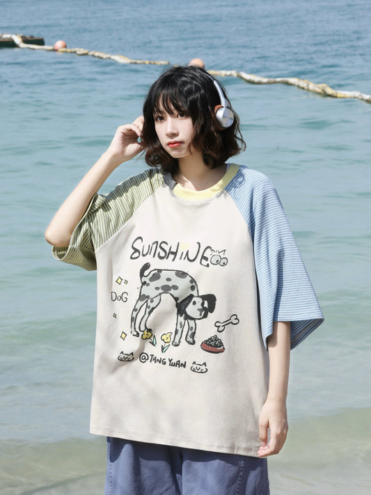 【Onefish Shop】犬の落書き風 ボーダー柄 半袖 Tシャツ 241970
