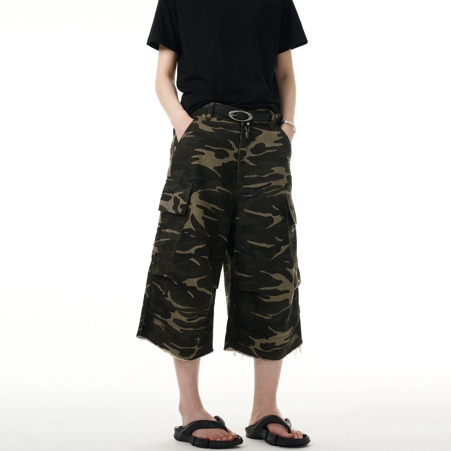 【Onefish Shop】カーゴパンツ 7分丈 ポケット アメリカン ルーズ 迷彩柄 レトロ cargo pants LS2408143