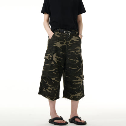 【Onefish Shop】カーゴパンツ 7分丈 ポケット アメリカン ルーズ 迷彩柄 レトロ cargo pants LS2408143