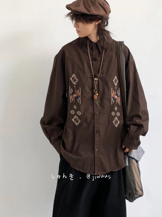 【Onefish Shop】ユニセックス 刺繍入り 長袖 シャツ241685